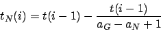 \begin{displaymath}
t_N(i) = t(i-1) - \frac{t(i-1)}{a_G - a_N + 1}
\end{displaymath}